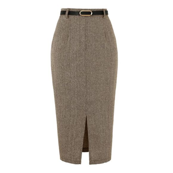 Allegra K Dresses & Skirts - Women's Midi Pencil Skirt Fall Winter Slit Office Skirts with Belt Brown